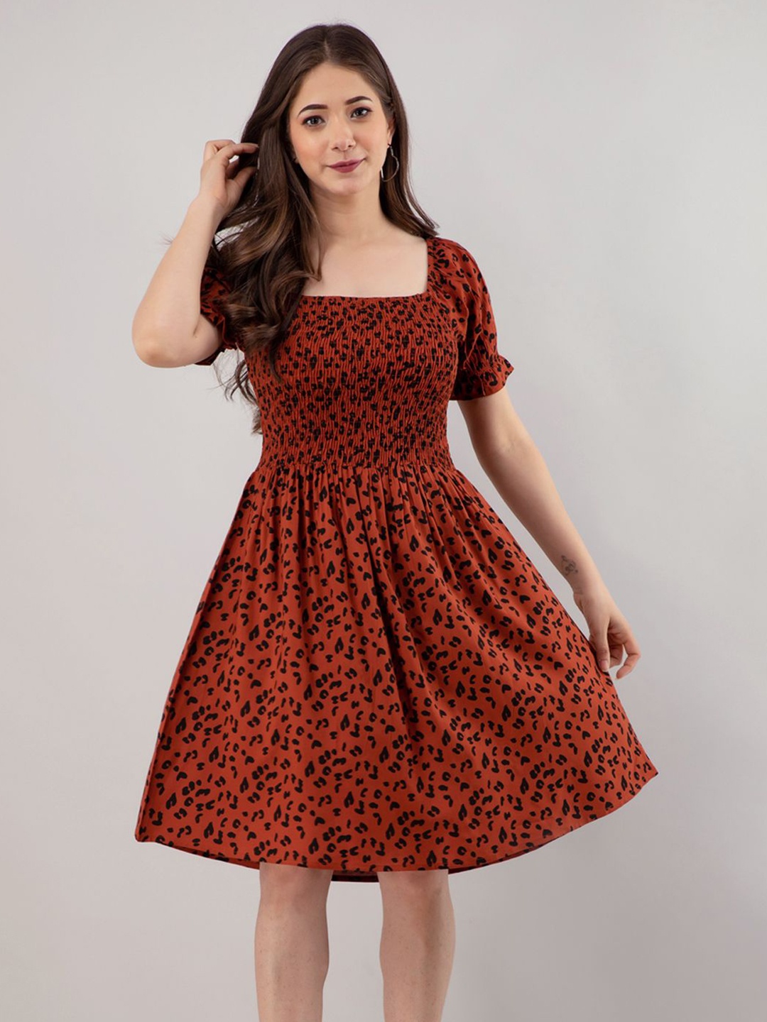 

all about you Animal Print Puff Sleeve Fit & Flare Dress, Brown