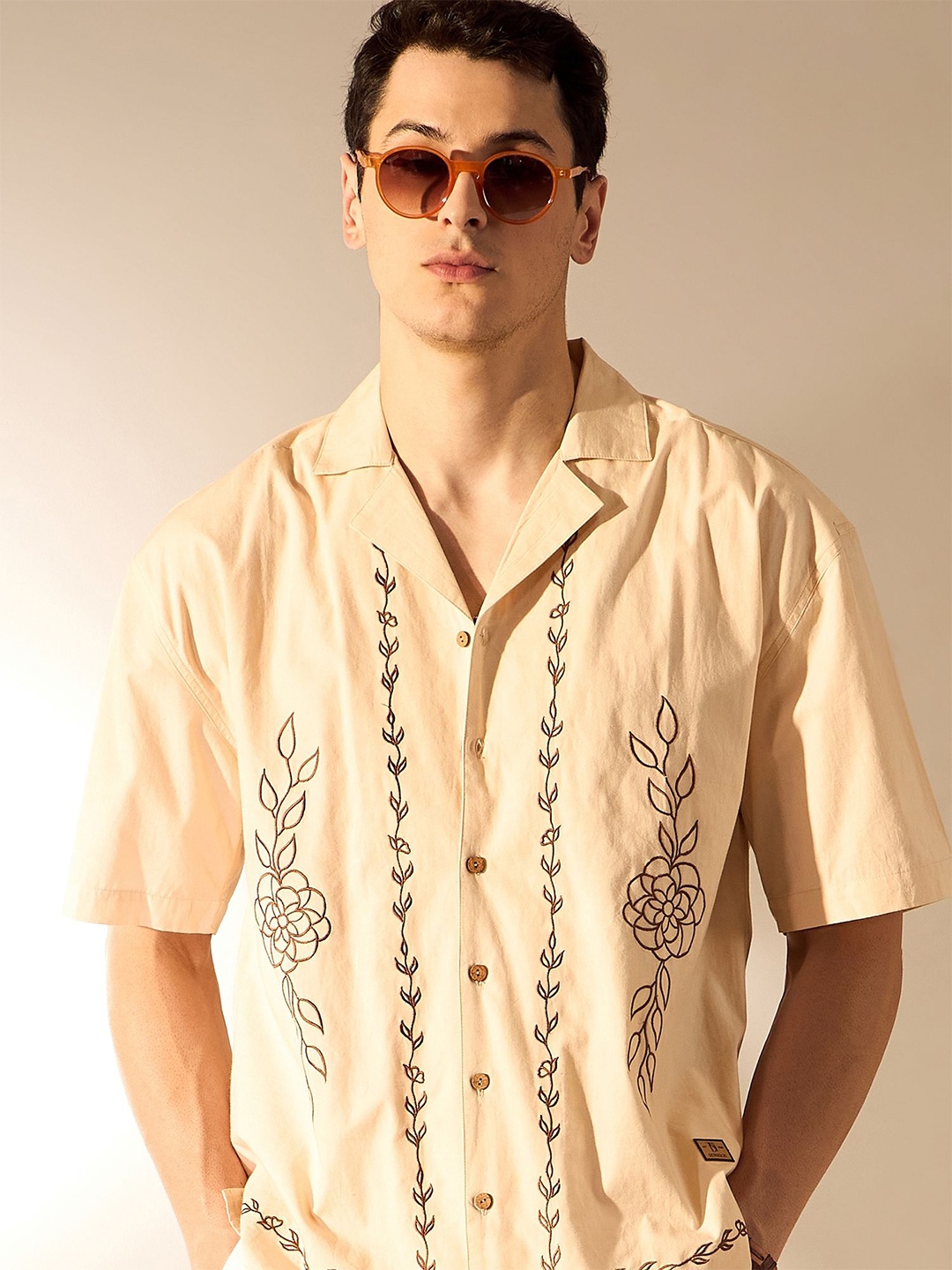 

DENNISON Men Embroidery Drop Shoulder Cotton Oversized Shirt, Beige