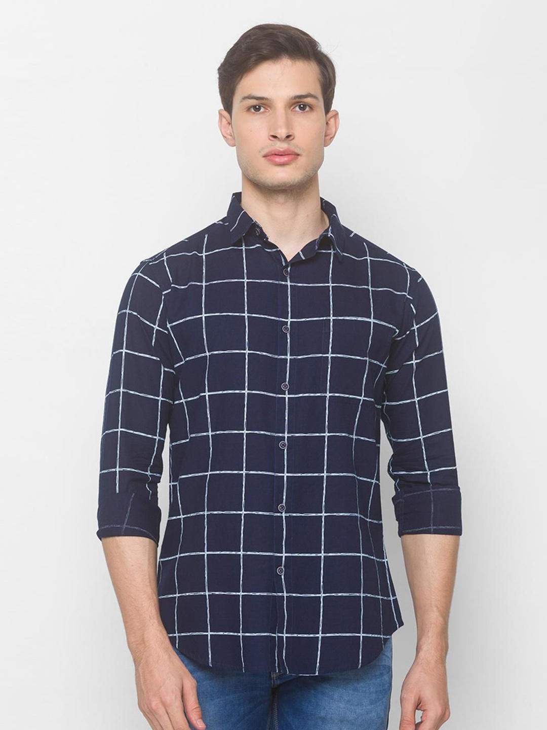 

SNX Men Tailored Fit Windowpane Checks Opaque Checked Casual Shirt, Navy blue