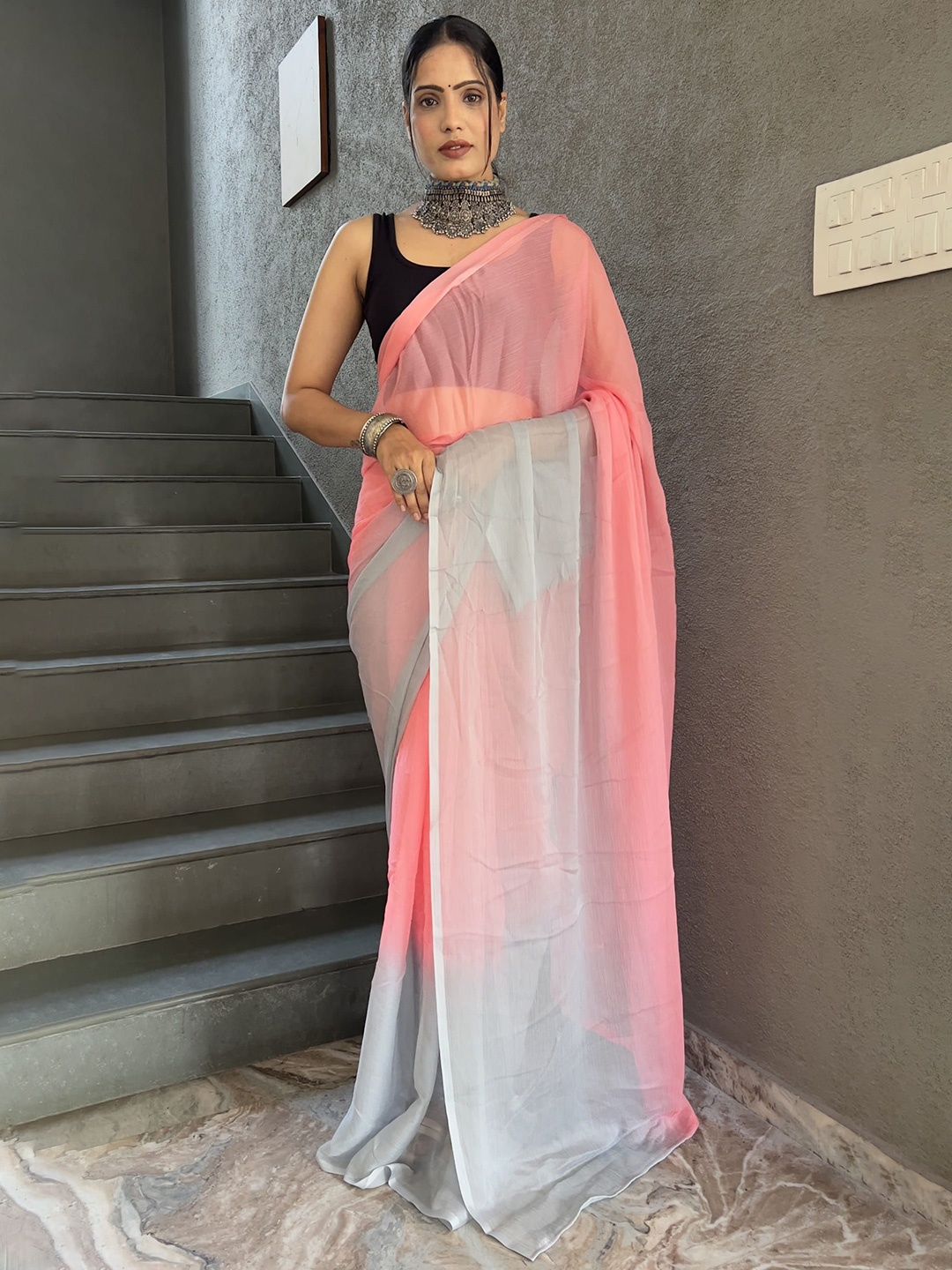 

KAYOMMI Ombre Pure Chiffon Ready to Wear Saree, Pink