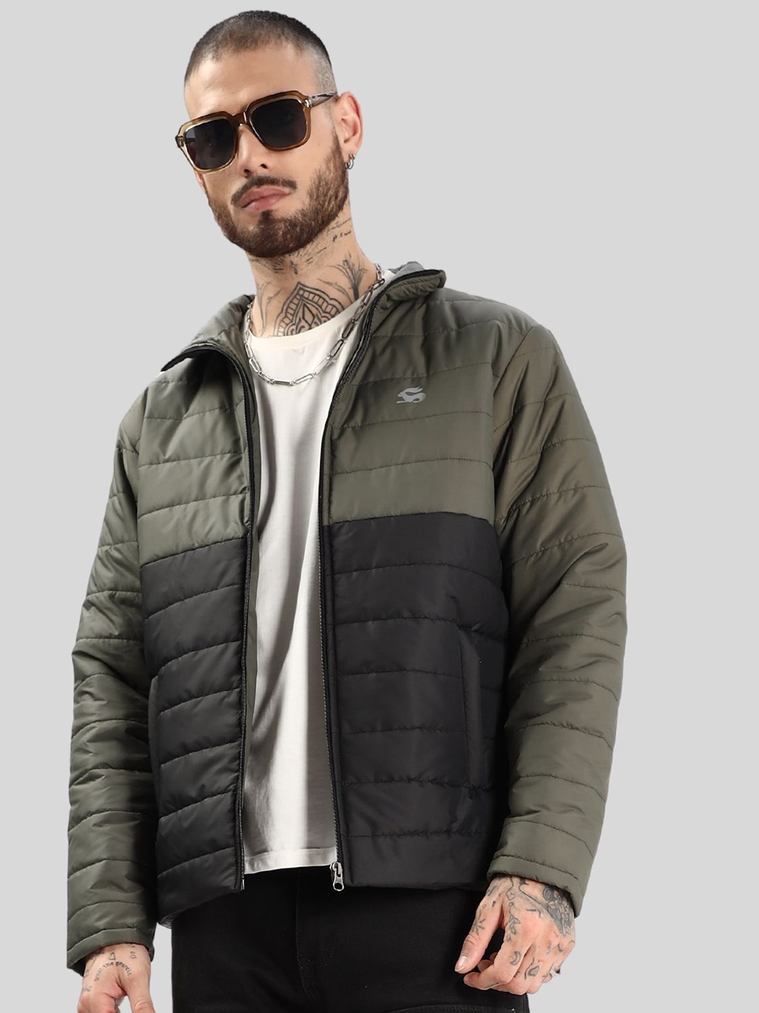 

ADRO Men Colourblocked Windcheater Bomber Jacket, Olive