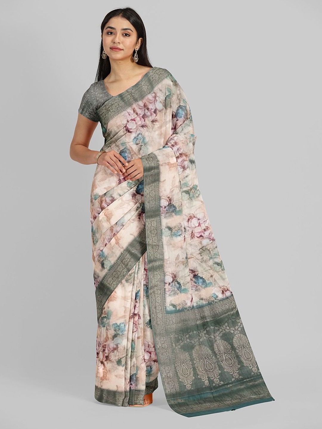 

Avyay Creation Floral Zari Organza Banarasi Saree, Beige