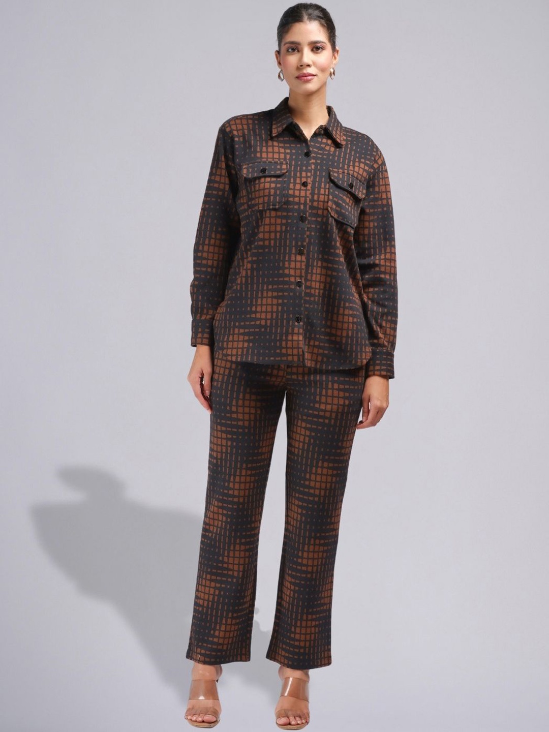 

PUREMIST Printed Shirt Collar Long Sleeves Shirt With Trouser, Brown