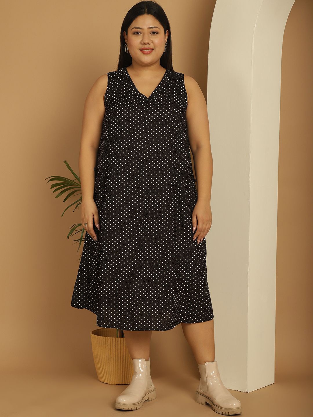 

theRebelinme Polka Dot Print A-Line Midi Dress, Black