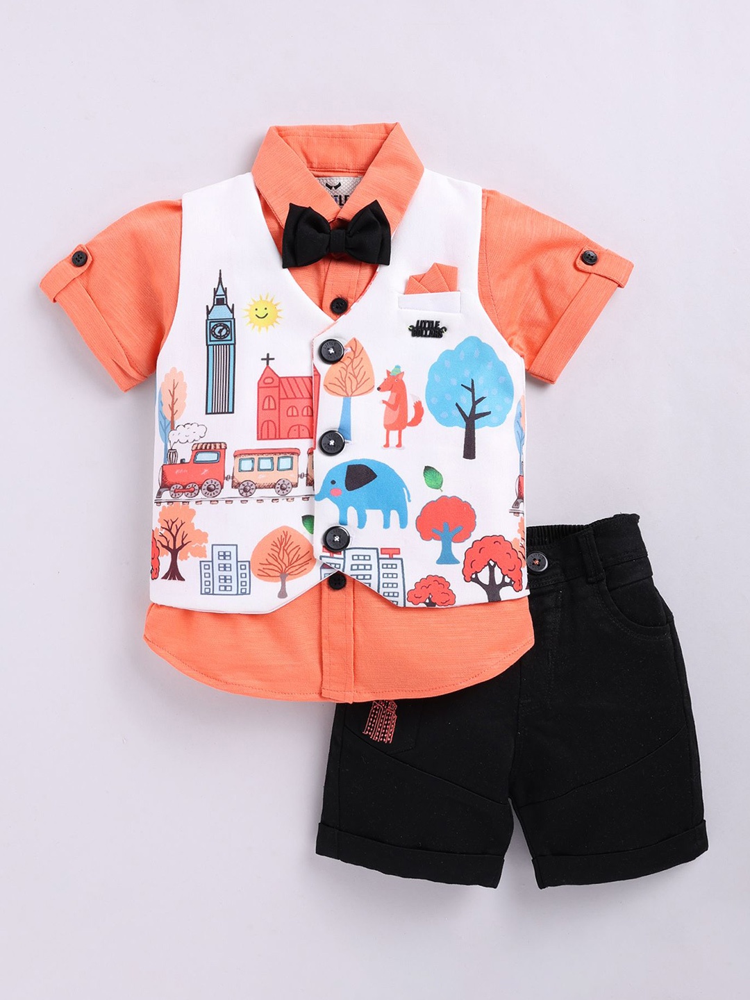 

LITTLE COLLARS Boys Shirt Collar Short Sleeves Shirt With Shorts With Waistcoat, Peach