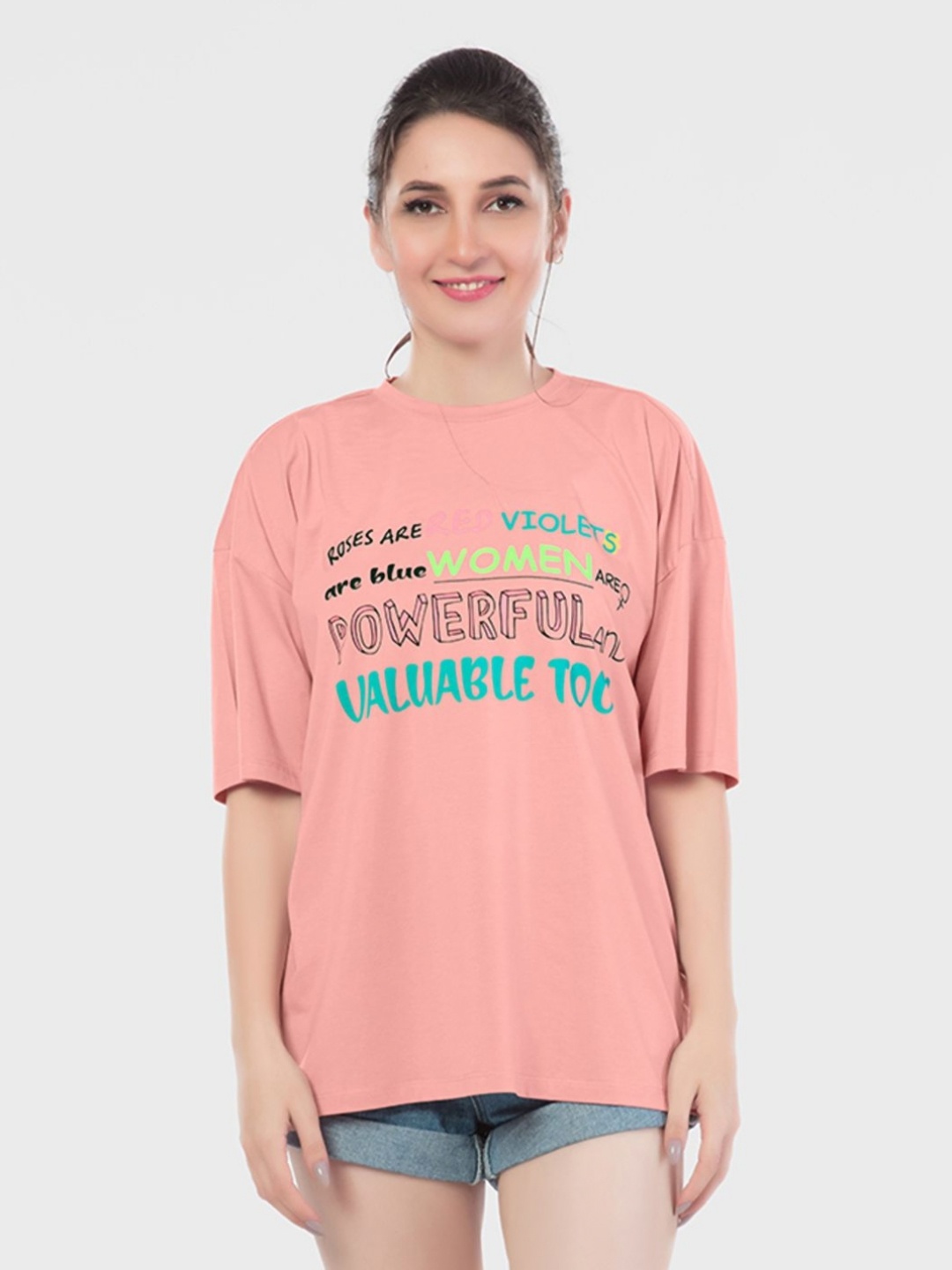 

Juliet Women Typography Printed Round Neck Cotton Oversized T-shirt, Peach