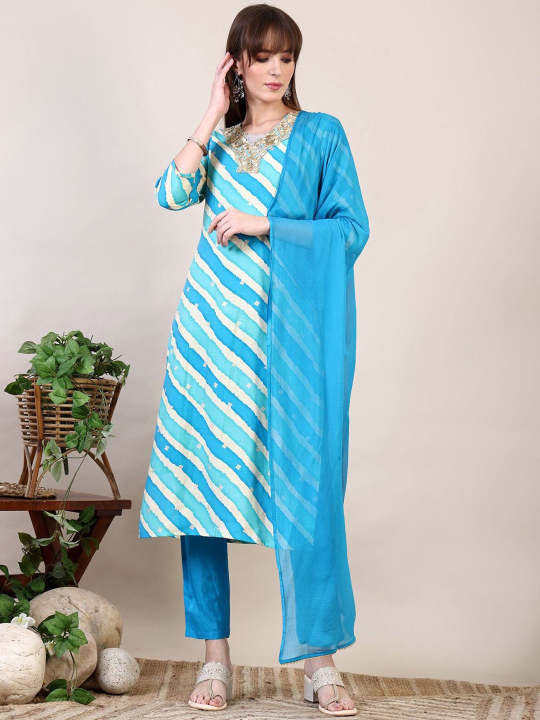 

KALINI Women Leheriya Embroidered Regular Sequinned Chanderi Cotton Kurta with Trousers & With Dupatta, Blue