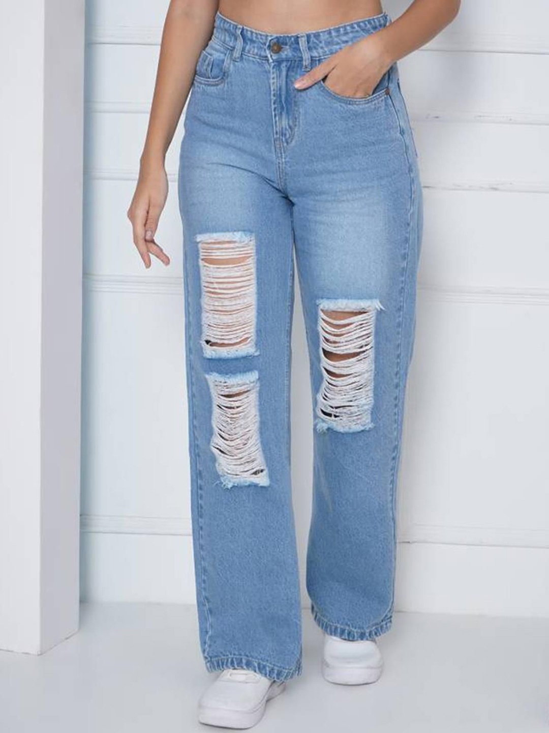

Kotty Women Straight Fit High-Rise Highly Distressed Stretchable Jeans, Blue