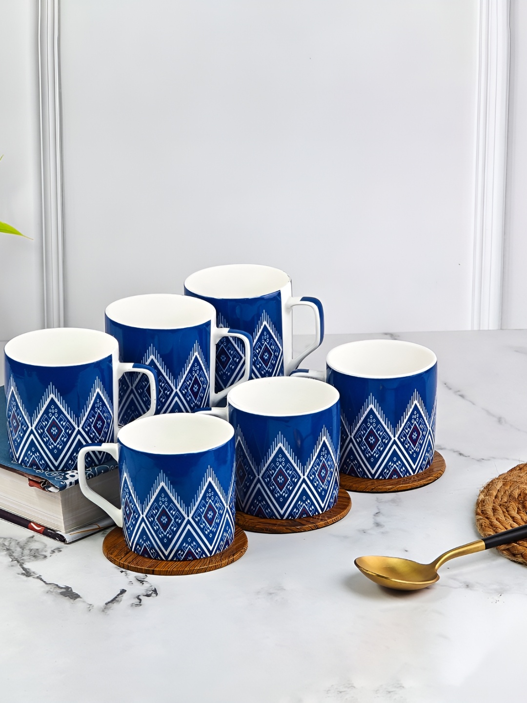 

UPC Set of 6 Printed Premium Lightweight Fine Bone China Ceramic Tea/Coffee Cups, Blue