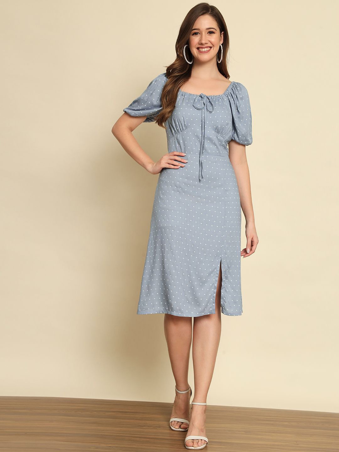 

BAESD Polka Dot Puff Sleeve A-Line Dress, Blue