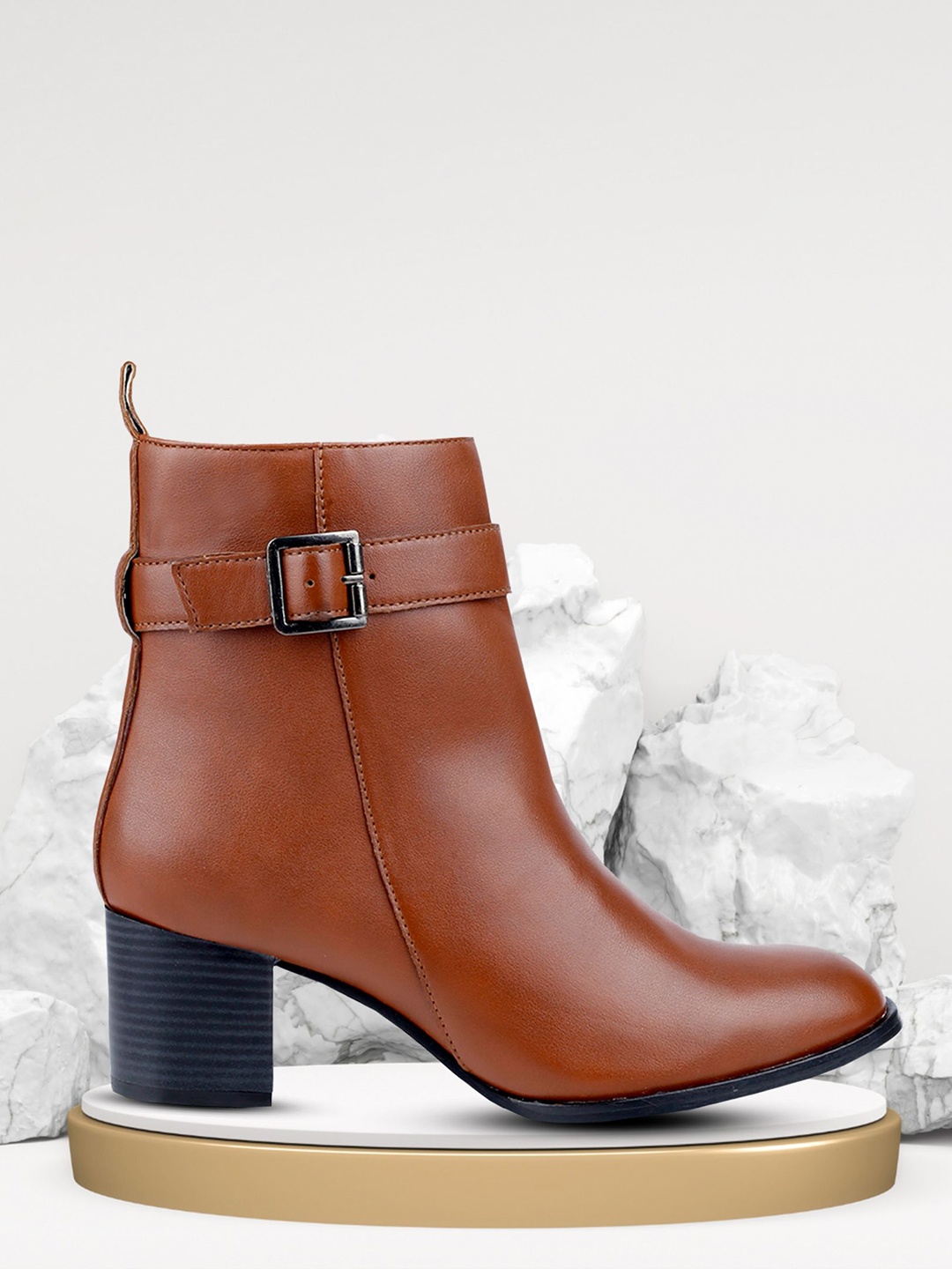 

Bxxy Women Faux Casual Buckle Zipper Block Heels High Ankle Boot, Tan