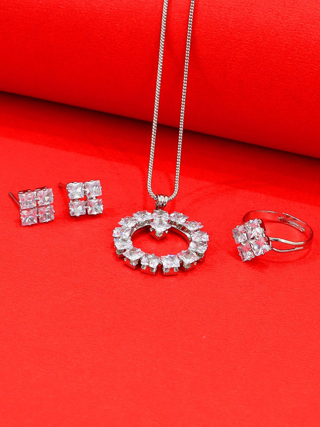 

FIMBUL Rhodium-Plated Stone Studded Jewellery Set, Silver