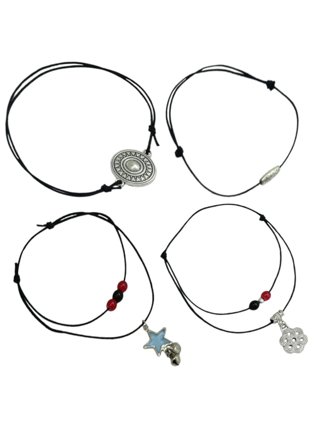 

HIGH TRENDZ 4 Pcs Combo Black Thread Knot with Oxidised Single Charms Adjustable Anklets