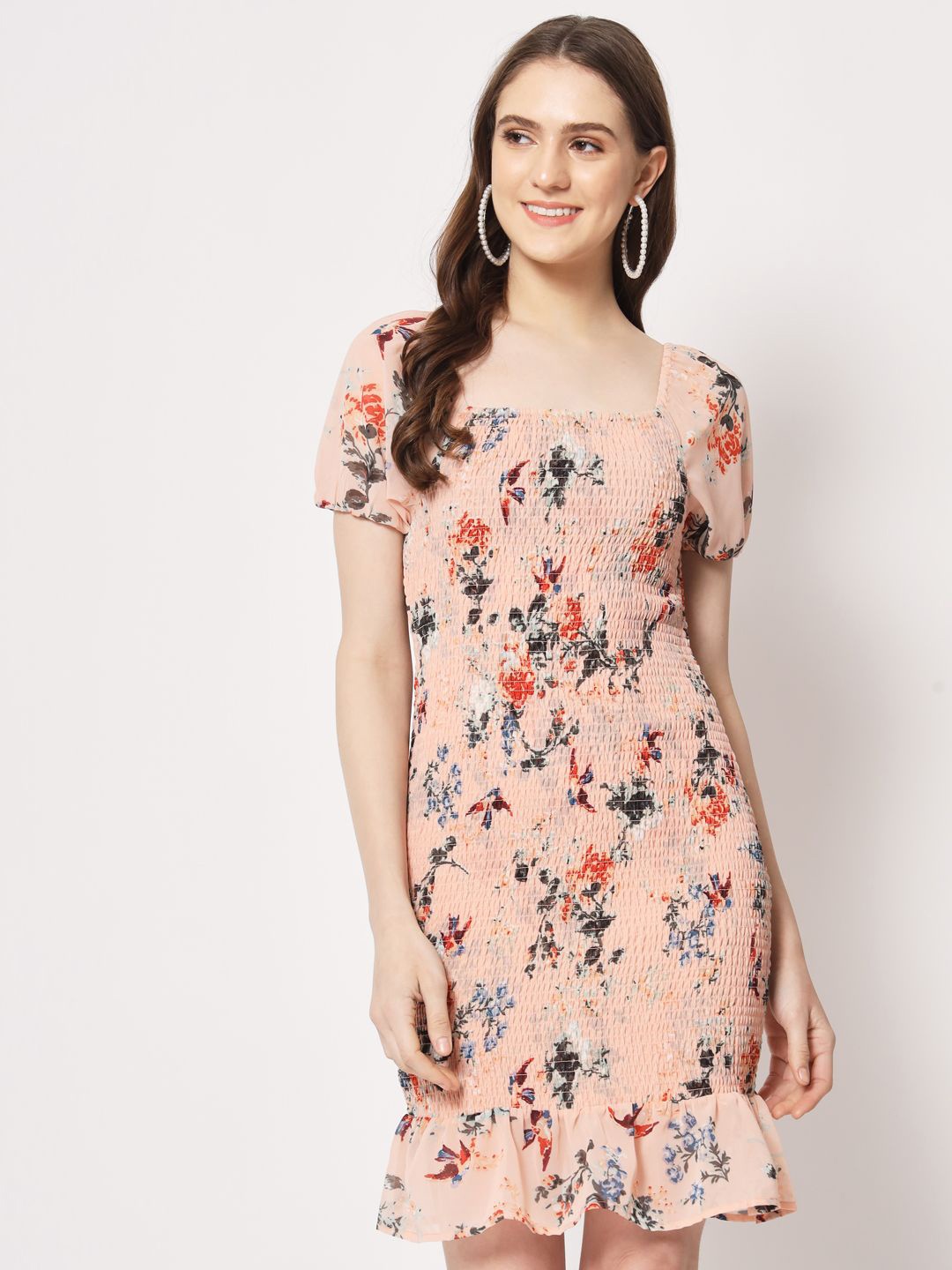 

BAESD Floral Puff Sleeve Georgette Sheath Dress, Peach