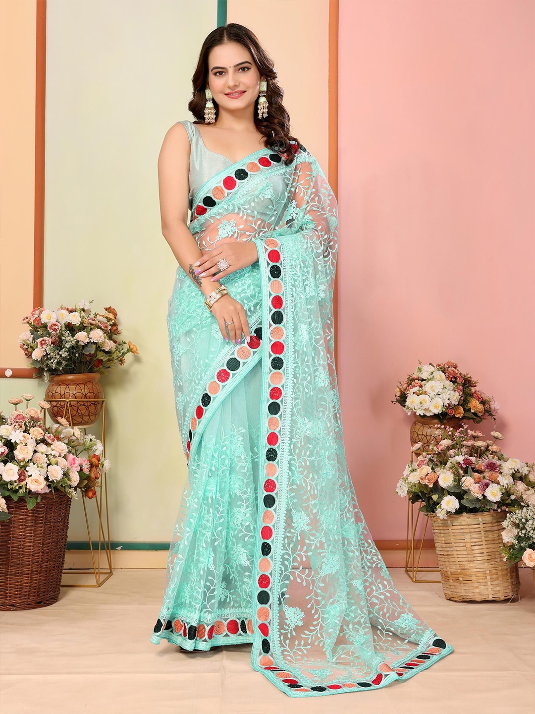 

HERE&NOW Women Sequinned Embellished Net Saree, Turquoise blue