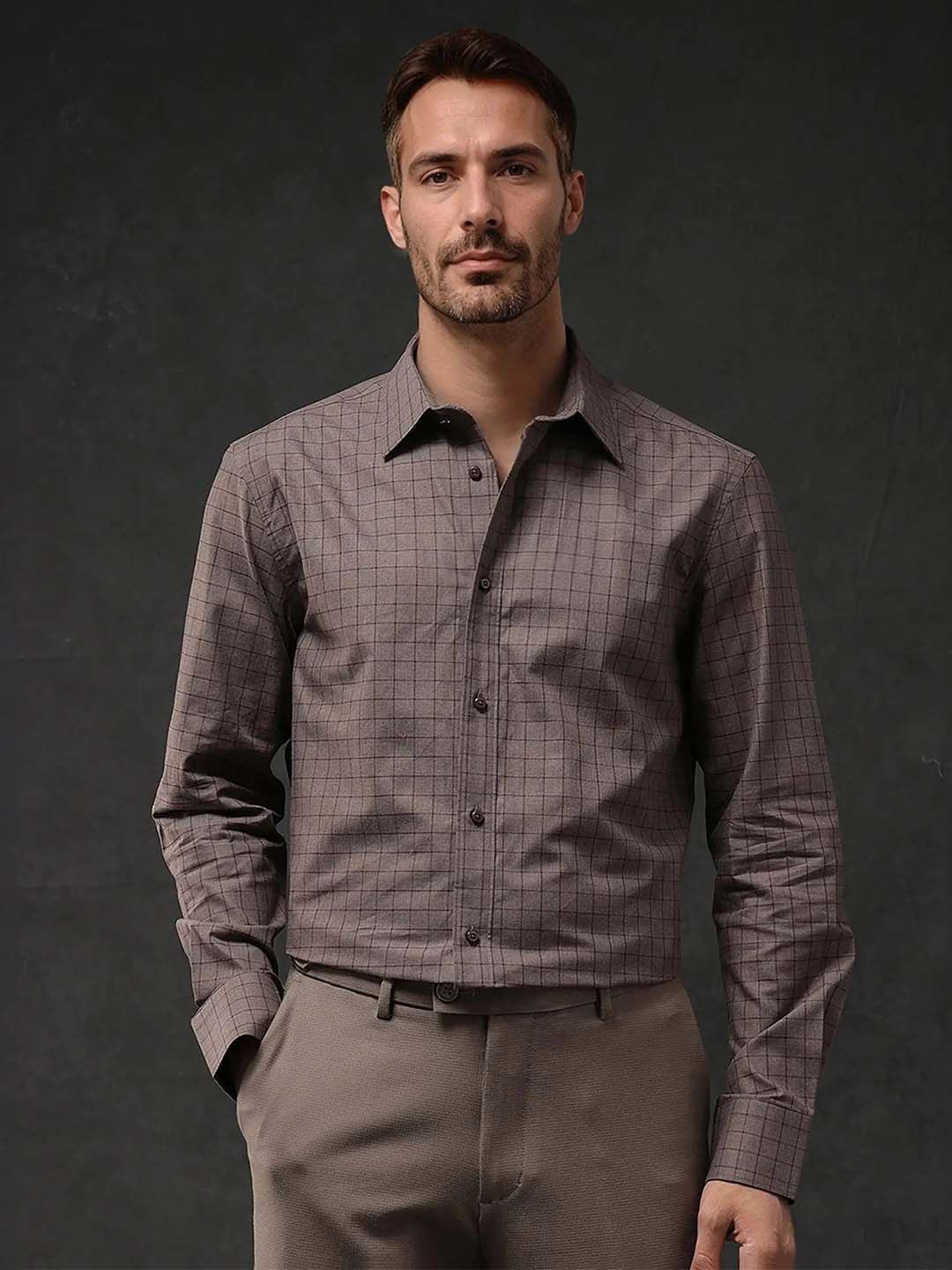 

RARE RABBIT Men Comfort Spread Collar Checked Cotton Casual Shirt, Brown