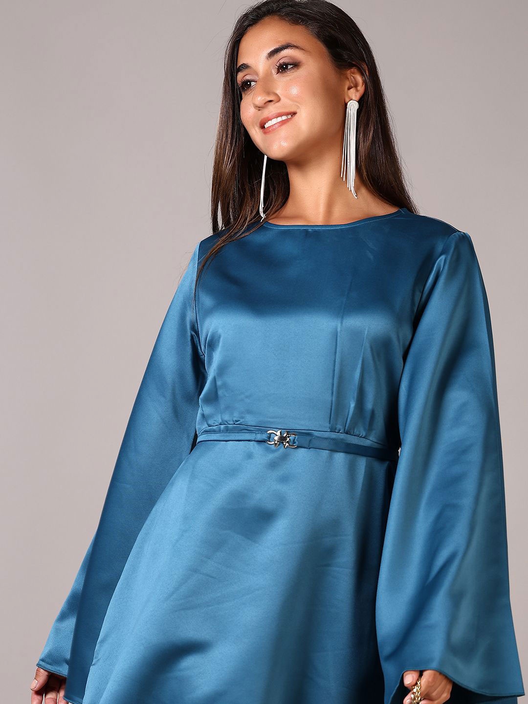 

V-Mart Slit Sleeve A-Line Dress, Teal