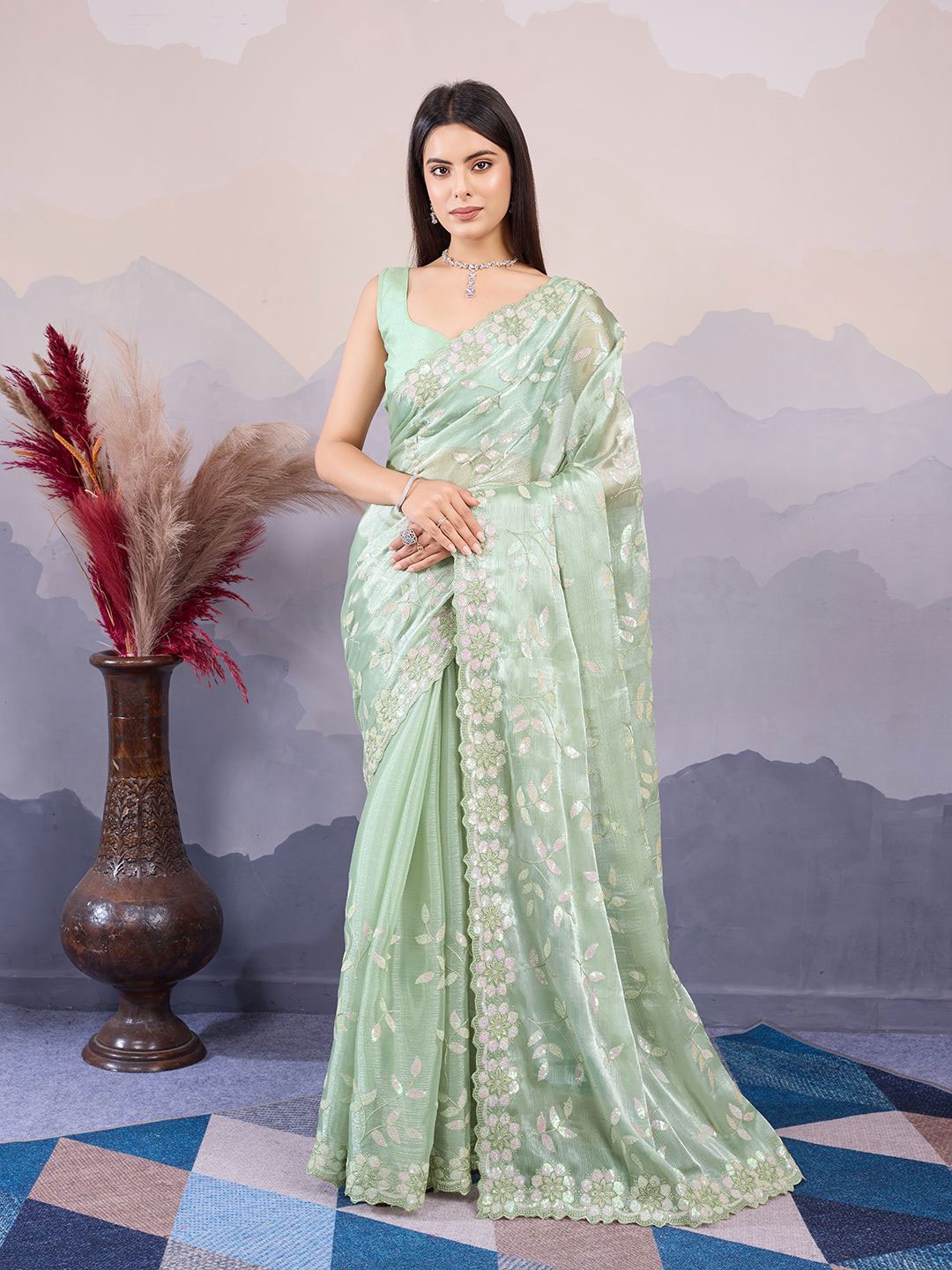 

HERE&NOW Floral Sequinned Embroidered Saree, Olive