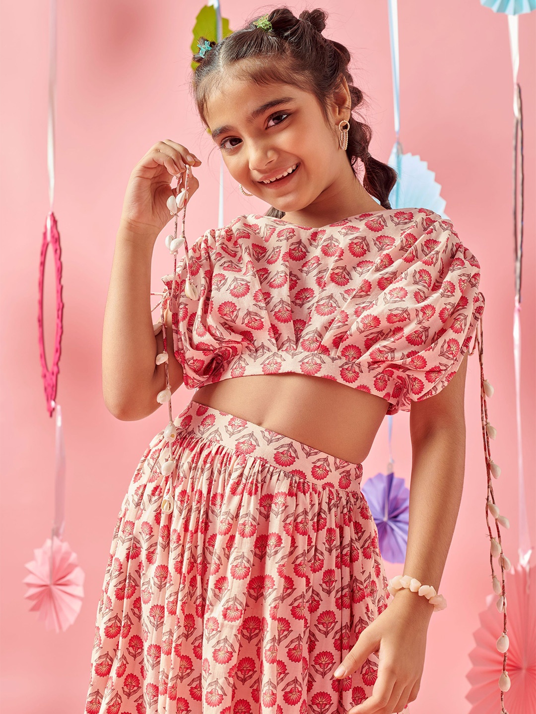 

MASTARANG Girls Pink Tonal Print Lehenga With Extended Shoulder Choli, Coral