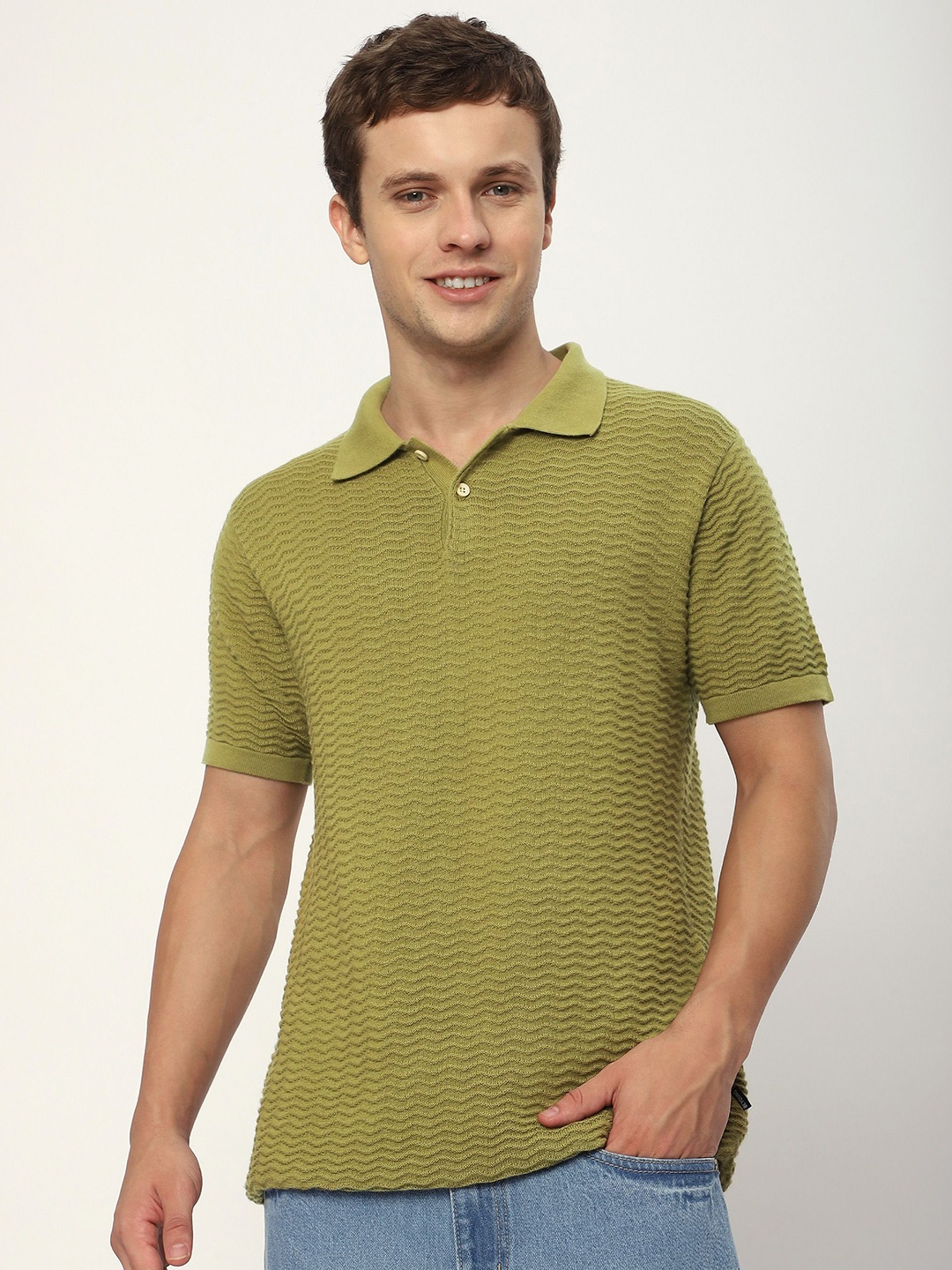 

Beyoung Men Striped Polo Collar Pockets T-shirt, Green