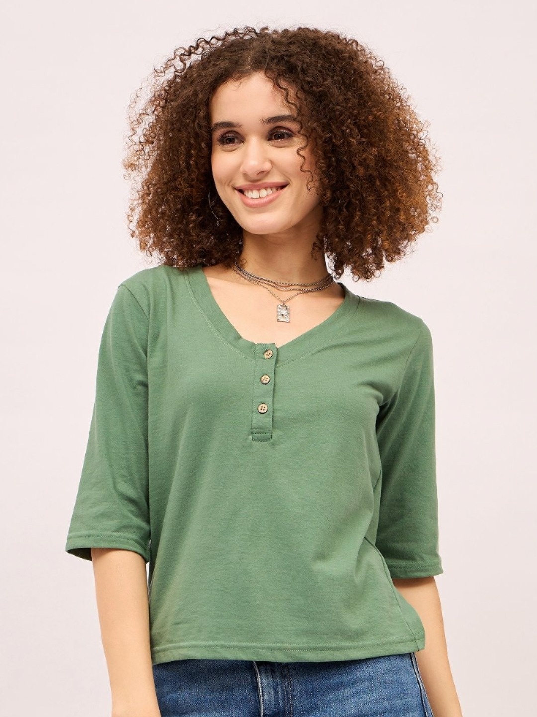 

DressBerry Women Henley Neck Pockets T-shirt, Green