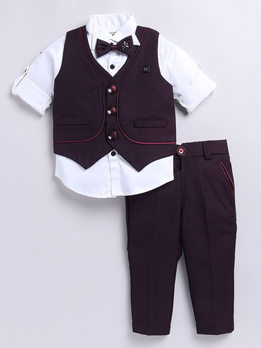 

Little Collars Boys Partywear Waistcoat Shirt Pant Bow Set, Red