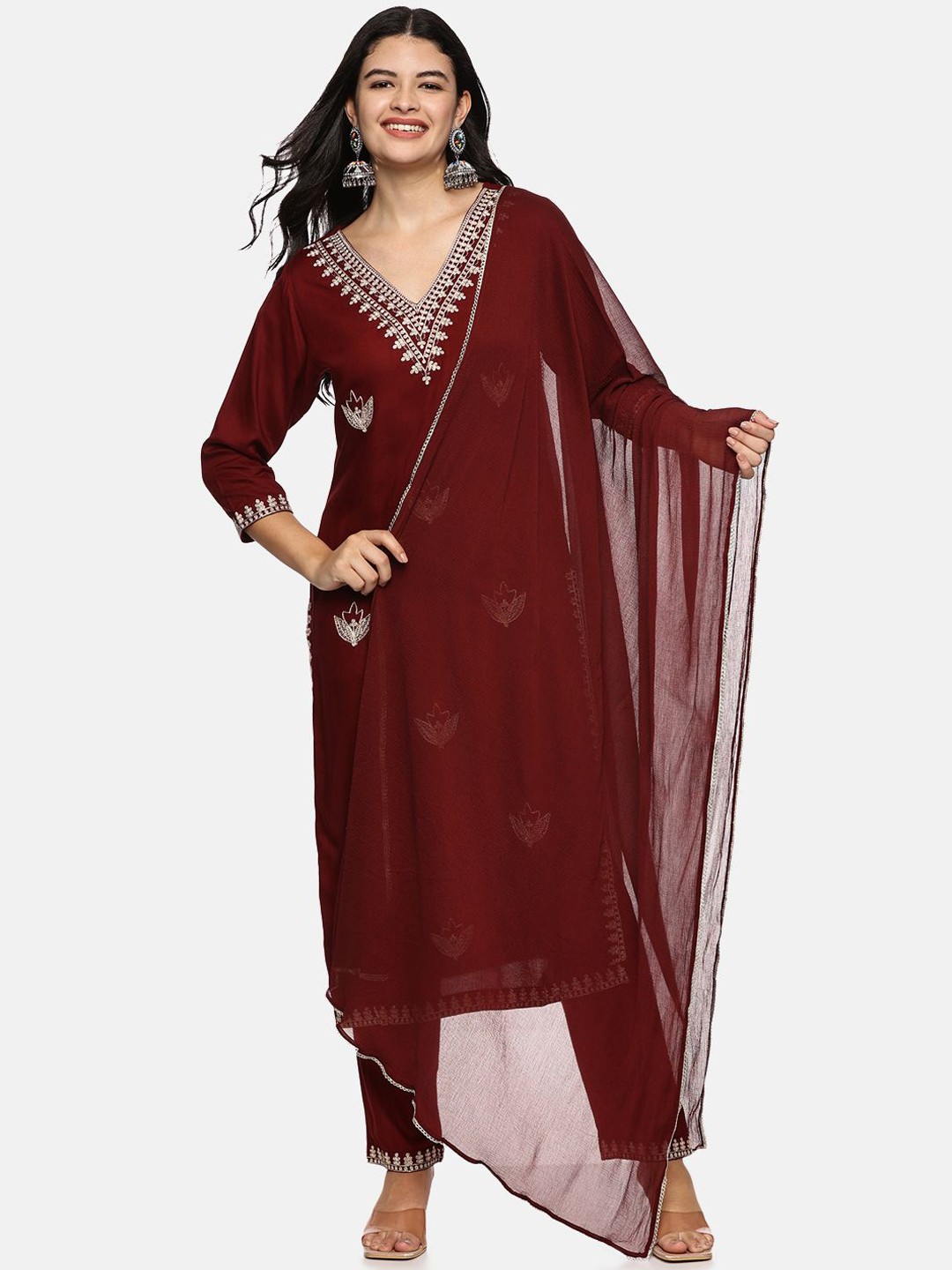 

RAJMANDIRFABRICS Women Ethnic Motifs Embroidered Regular Sequinned Kurta with Trousers & With Dupatta, Coffee brown