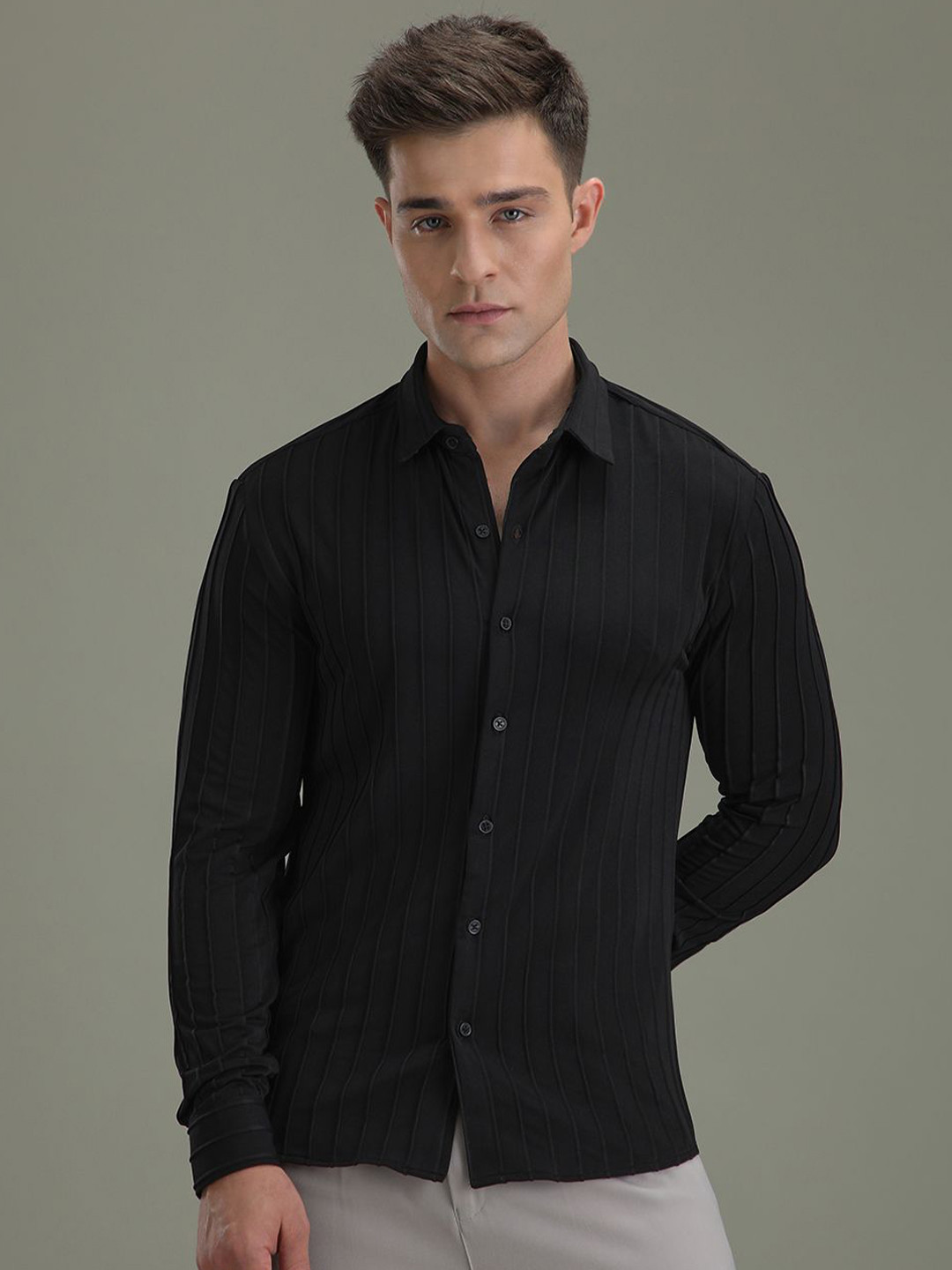 

Banana Club Men Classic Slim Fit Opaque Striped Casual Shirt, Black