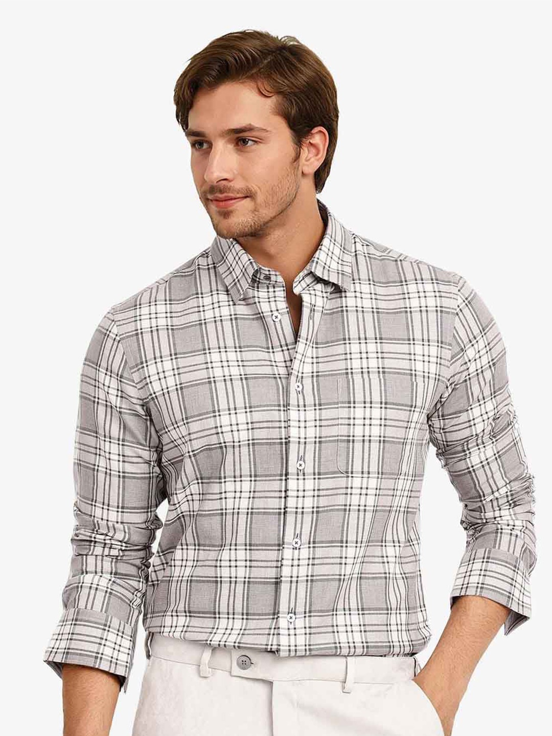 

RARE RABBIT Men Comfort Spread Collar Tartan Checked Cotton Casual Shirt, Grey