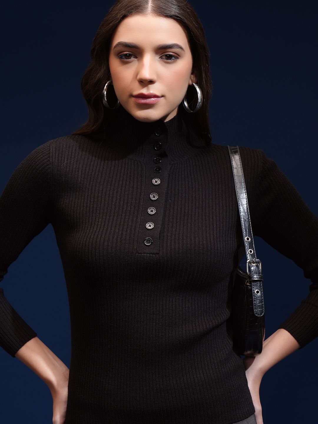 

Tokyo Talkies Women Mock Collar Ribbed Pullover Sweater, Black