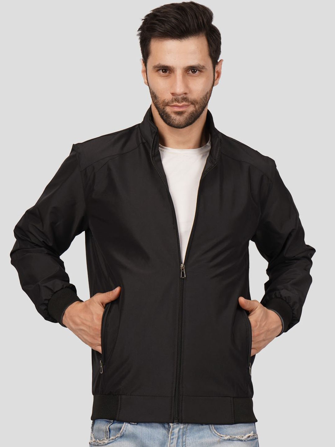 

Greylongg Men Striped Lightweight Bomber Jacket, Black