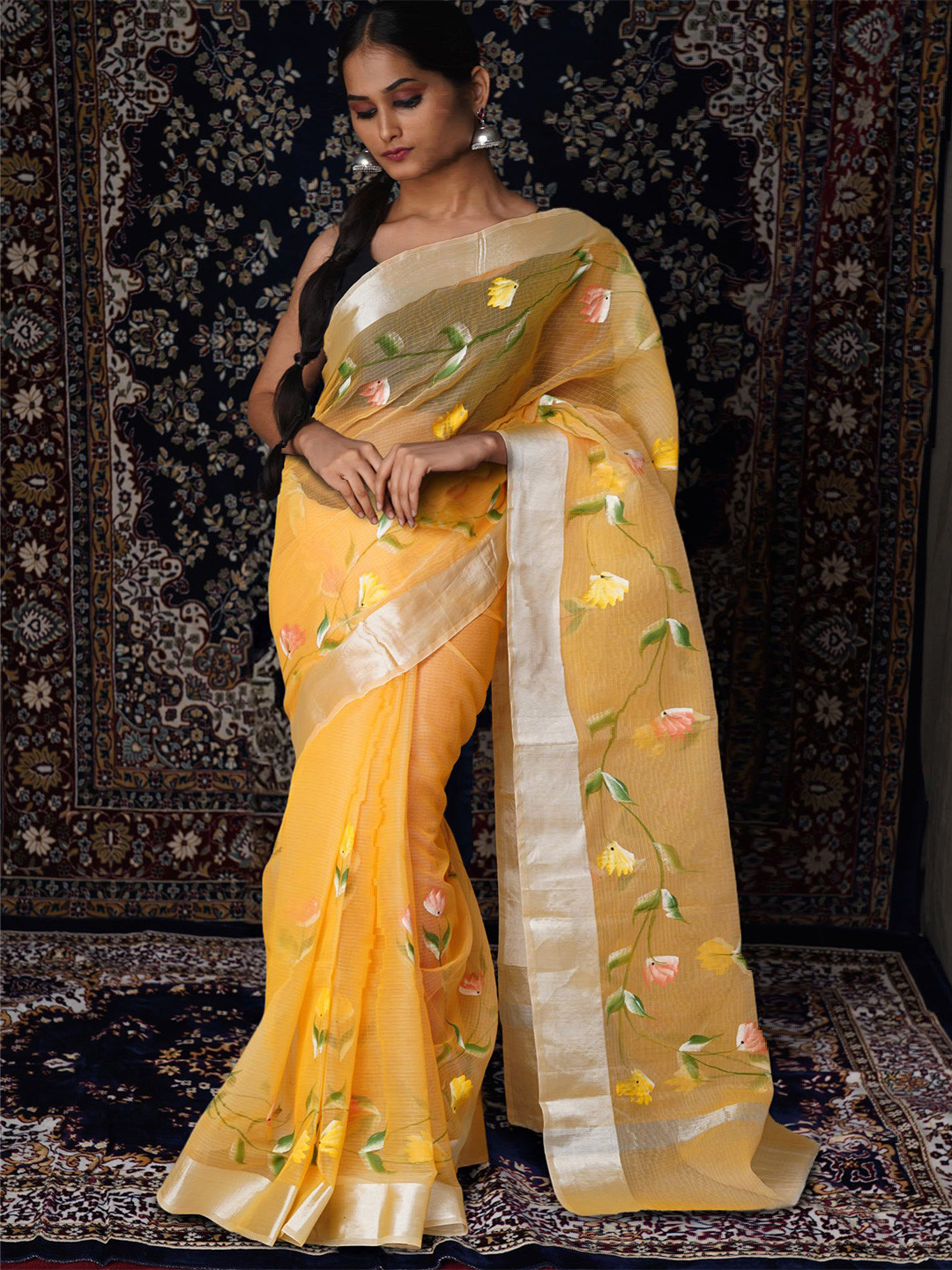 

Unnati Silks Floral Zari Net Handloom Kota Saree, Yellow