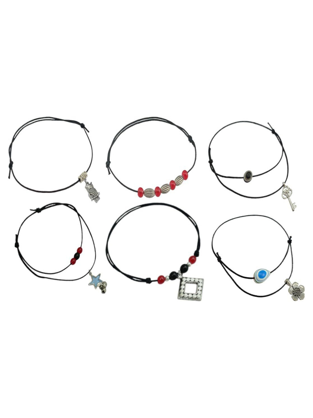 

HIGH TRENDZ Set Of 6 Beaded Single Leg Anklets, Silver