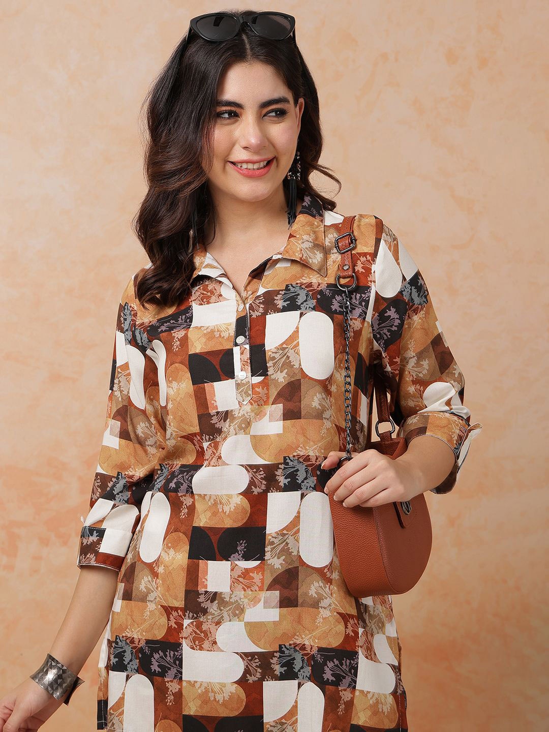 

Anouk Printed Shirt Collar Top With Trousers, Brown