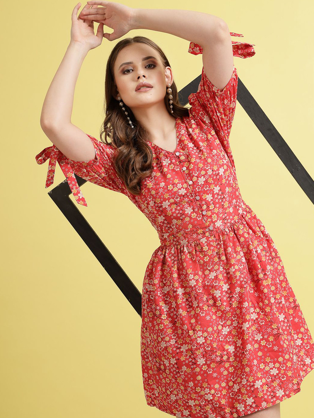 

BEING NAUGHTY Women Floral Printed Puff Sleeves Fit & Flare Dress, Red