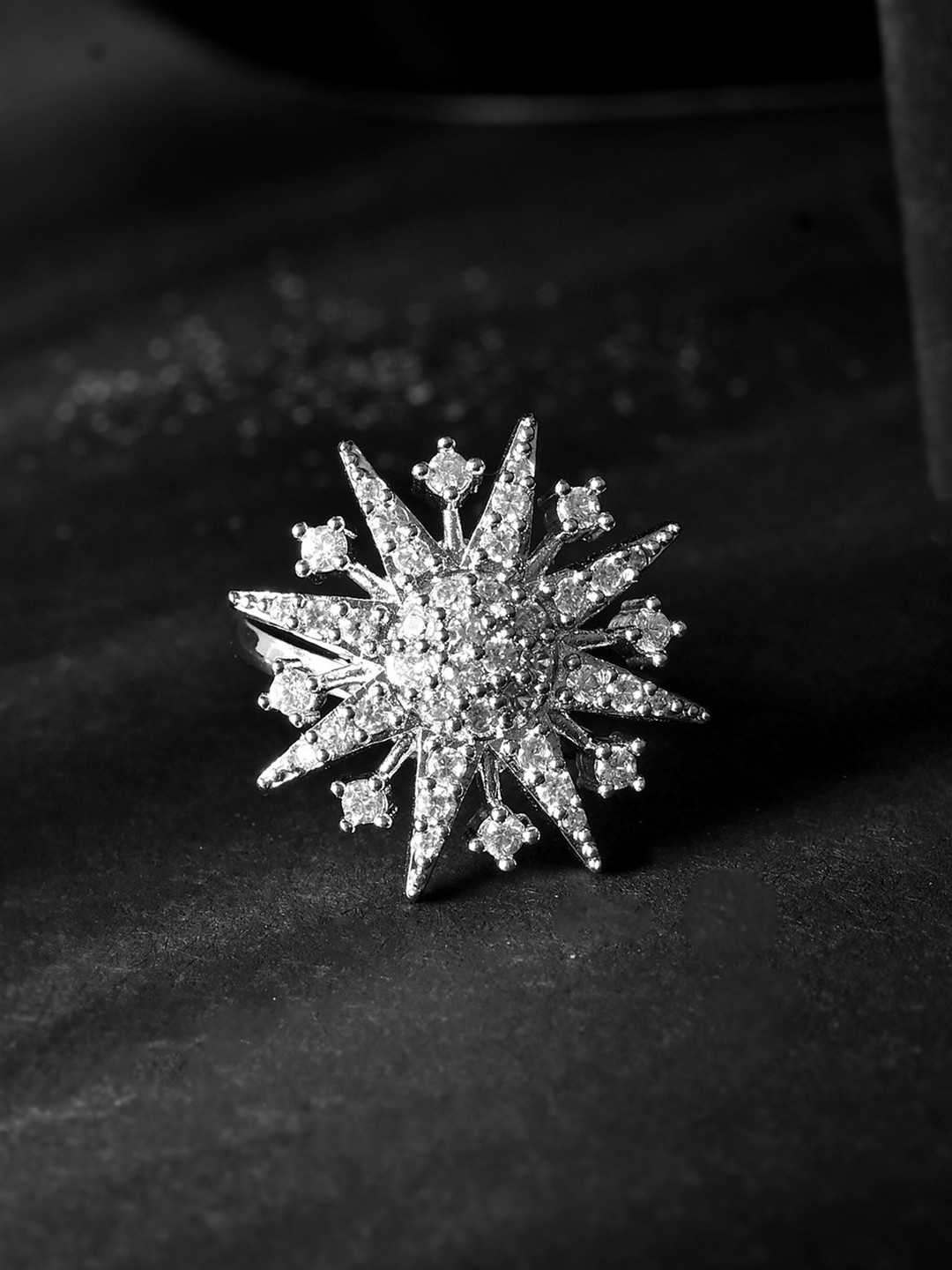 

Voylla Rhodium-Plated AD Stone-Studded Adjustable Finger Ring, Silver