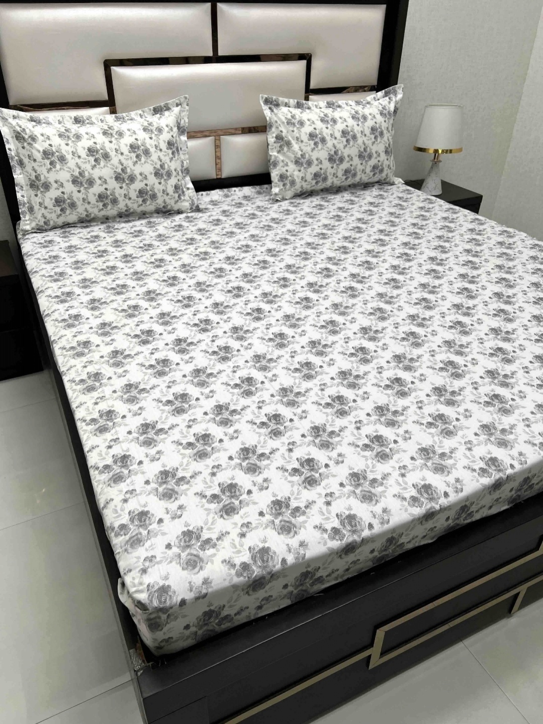 

Pure Decor White & Grey Floral 250 TC King Bedsheet with 2 Pillow Covers