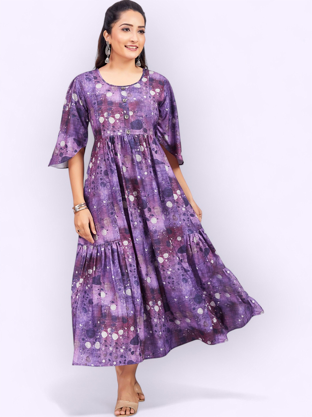 

PAMPER YOURSELF Printed Fit & Flare Maxi Dress, Purple