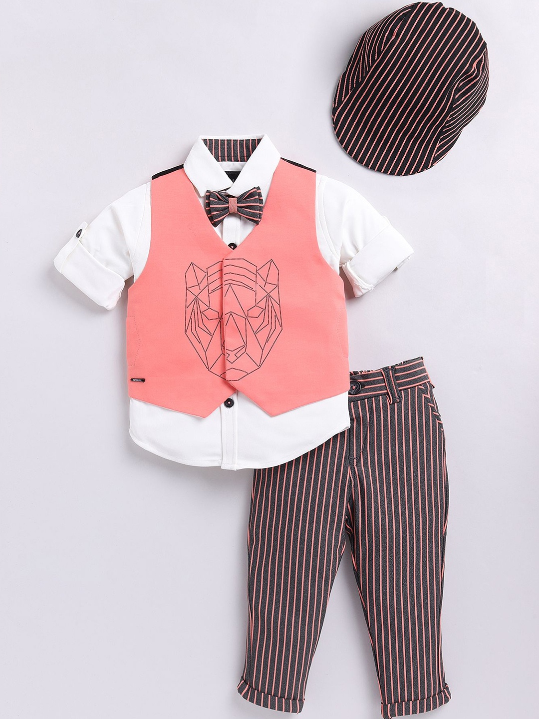 

LITTLE COLLARS Boys Printed Shirt with Trousers, Peach