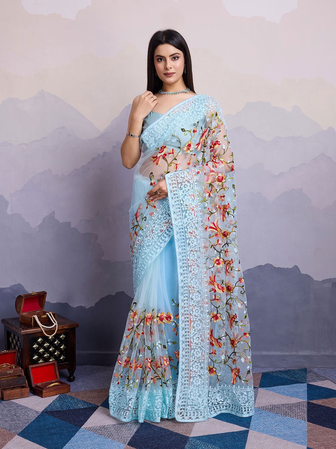 

HERE&NOW Floral Embroidered Net Saree, Turquoise blue