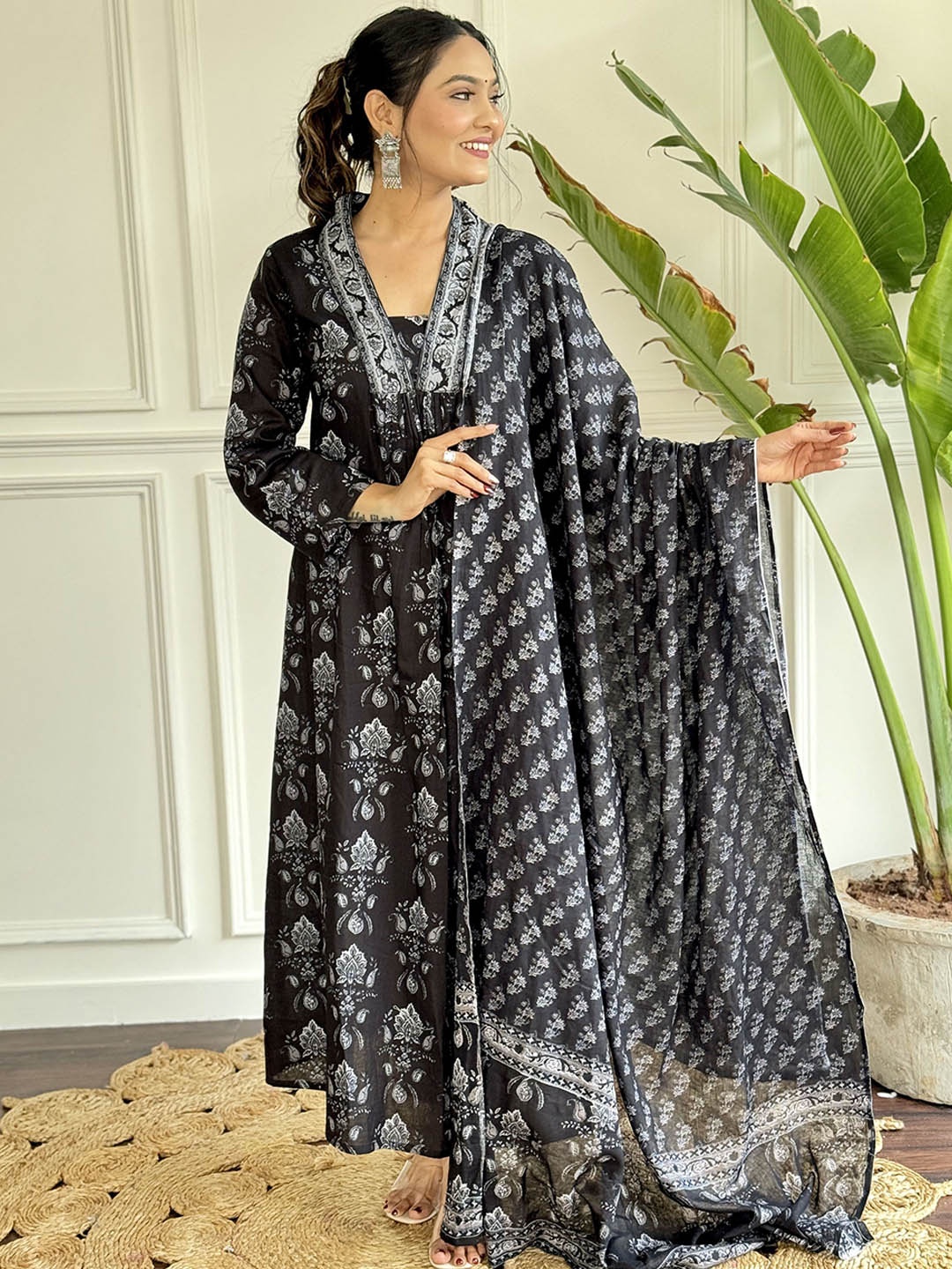 

KALINI Women Floral Printed Empire Pure Cotton Kurta with Trousers & With Dupatta, Black