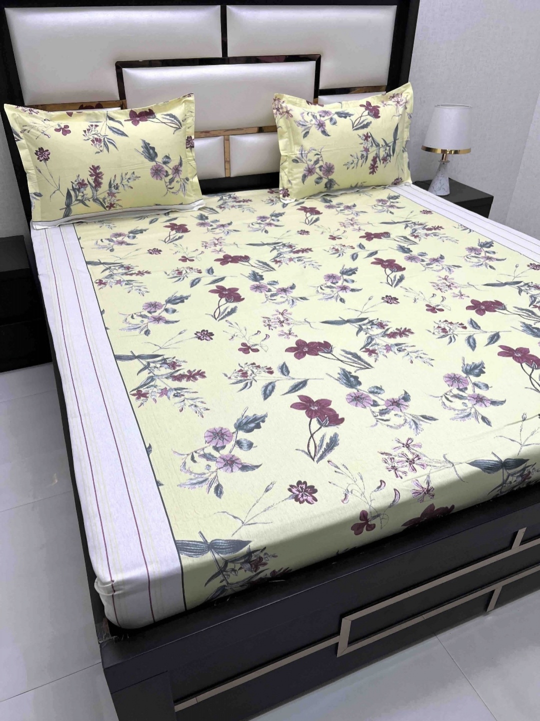 

Pure Decor Yellow & Purple Floral King Bedsheet with 2 Pillow Covers