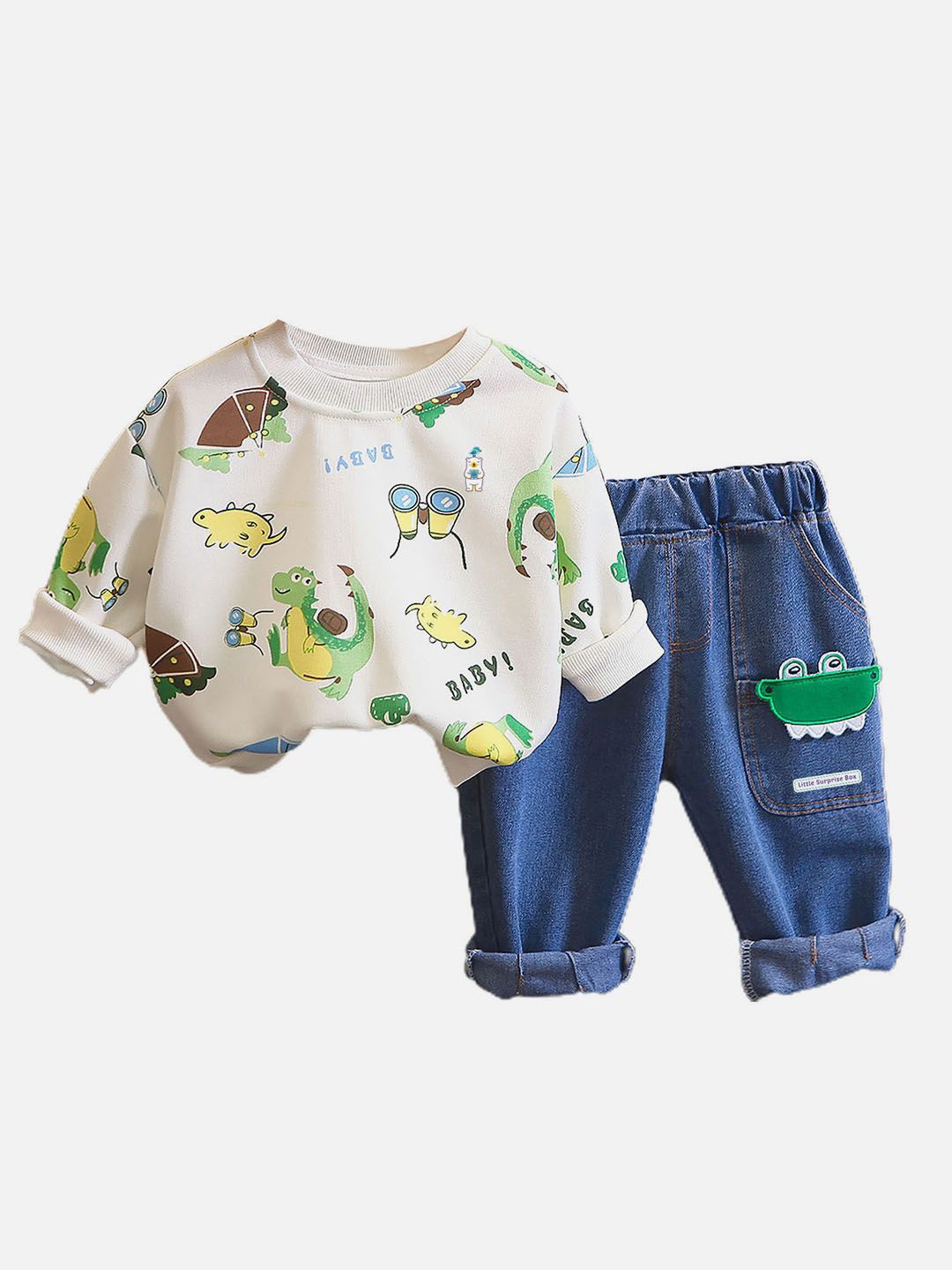 

Little Surprise Box LLP Kids Printed Sweatshirt & Jeans Clothing Set, White