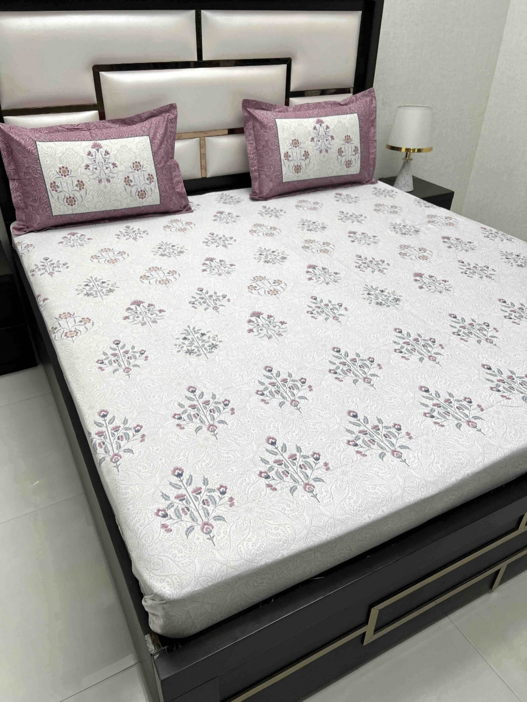 

Pure Decor Maroon & Grey Floral 350 TC King Bedsheet with 2 Pillow Covers