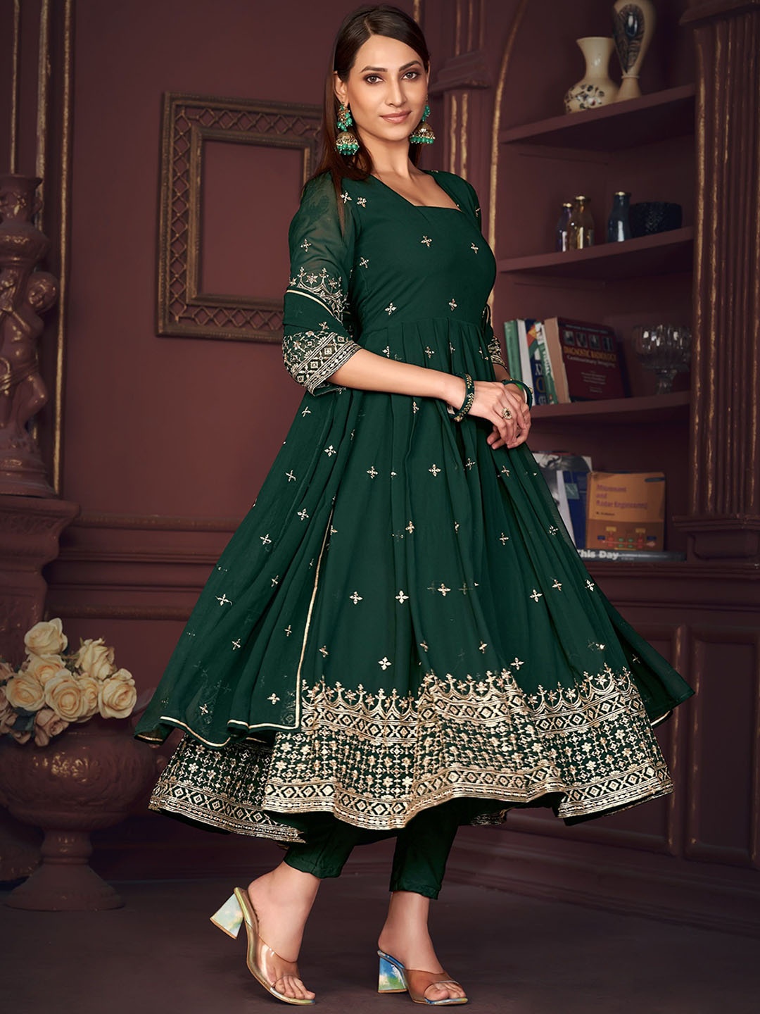 

KALINI Embroidered Semi-Stitched Dress Material, Green