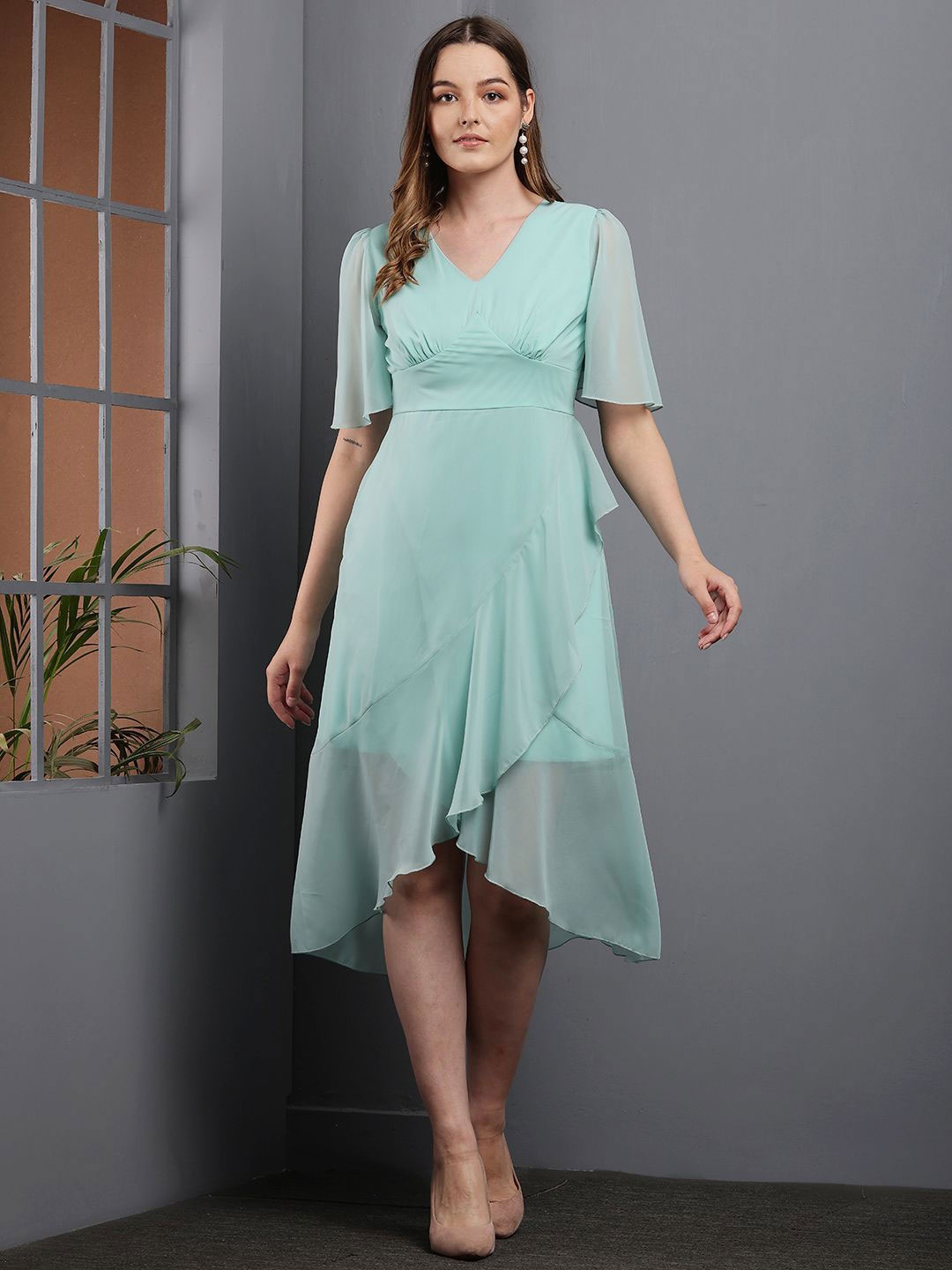 

Tushita Women Flared Sleeve Ruffled A - Line Midi Dress, Sea green