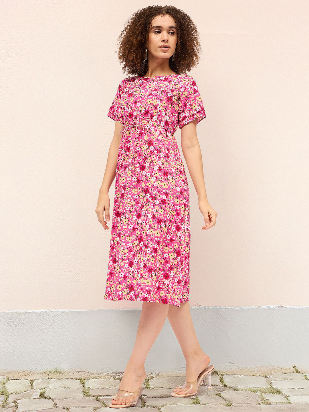 

DressBerry Women Floral Printed Cotton A-Line Midi Dress, Pink