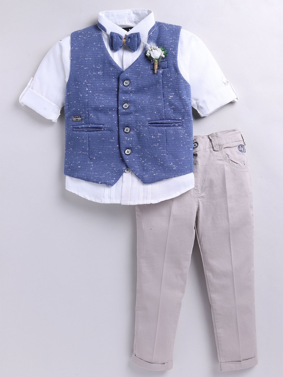 

LITTLE COLLARS Boys Shirt Waistcoat and Pant with Bow and Floral Broach, Blue