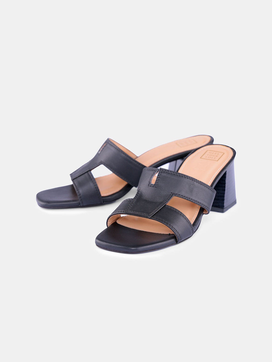 

HEEL YOUR SOLE Women Open Toe Leather Block Heel Sandals, Black