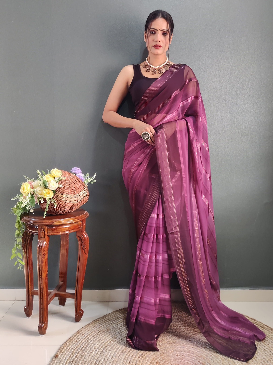 

KAYOMMI Leheriya Woven Design Pure Chiffon Ready to Wear Saree, Pink